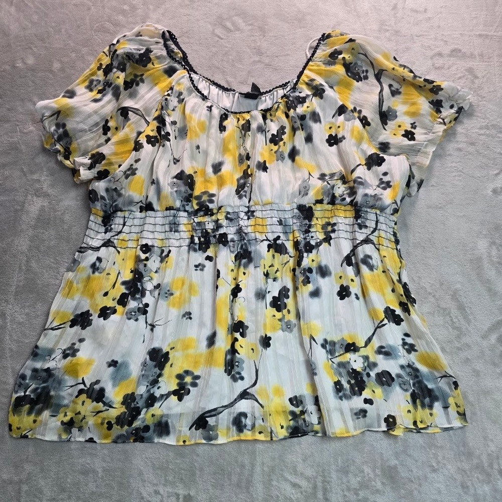 Studio 1940 Plus Size Floral Smocked Empire Waist Blouse Yellow Black 30/32W